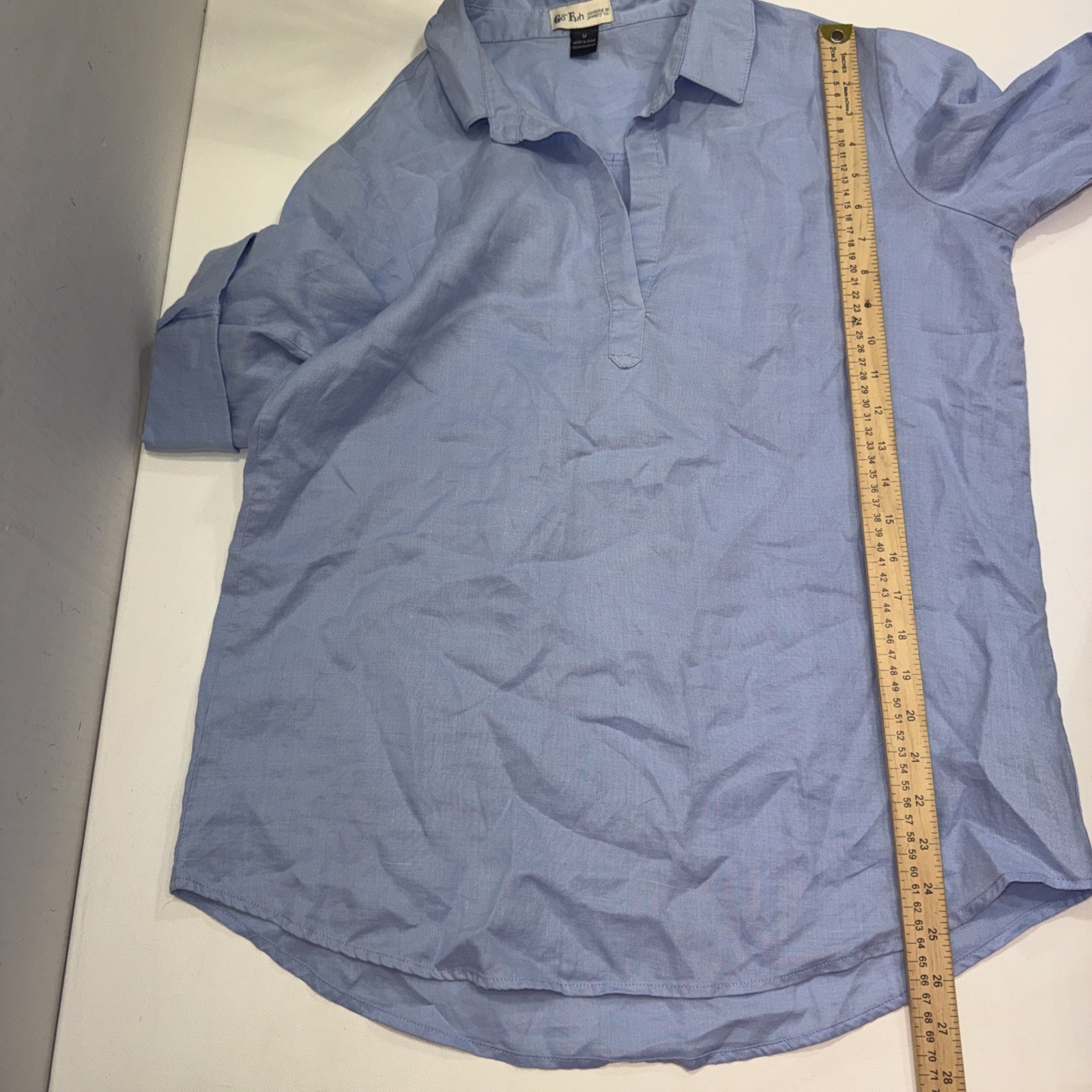 Go Fish Designer Luxury 100% Linen Blue Minimalist Casual Blouse Size Medium