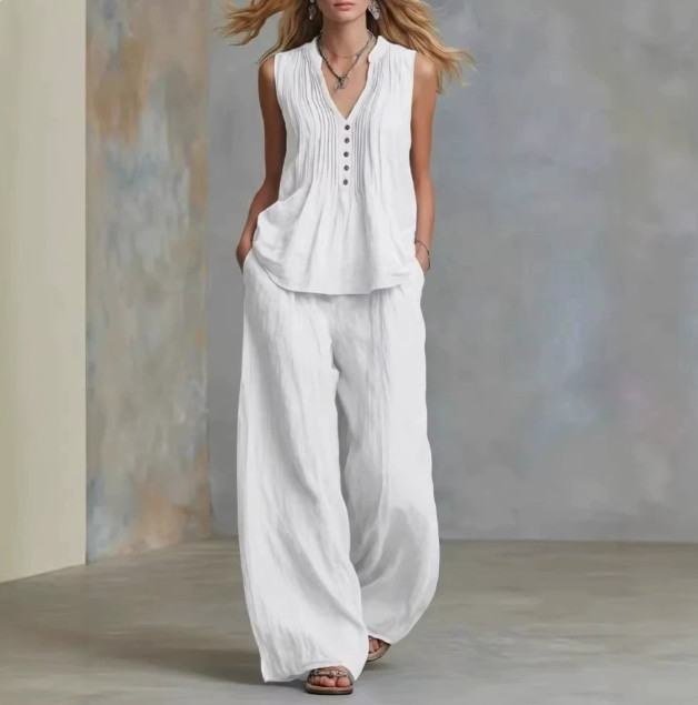 Womens 2 Piece Outfit V Neck Sleeveless Top Wide Leg Pants Casual Lounge Set
