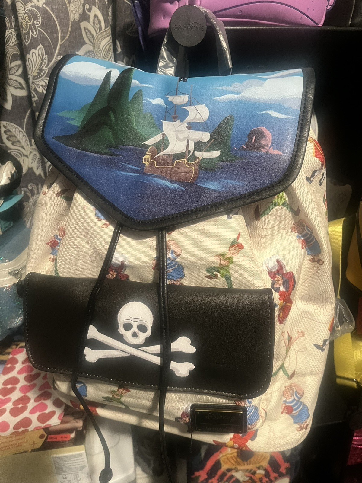 LOUNGEFLY Peter Pan Captain Hook PIRATE SHIP DRAWSTRING Full-Size Bag (NWT)