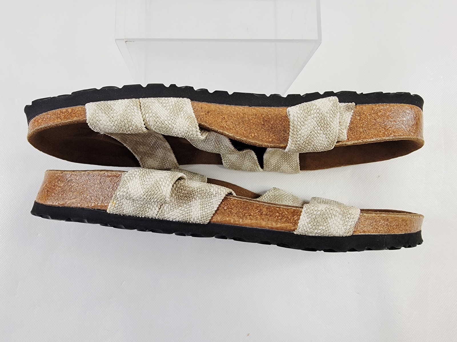 Birkenstock Birkis EU 41 / US 10 Triple Strap Stretch Cotton Plaid Beige & White