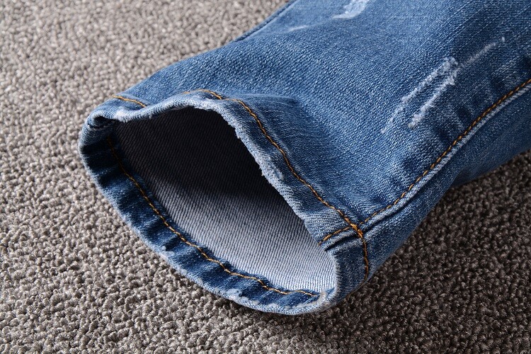 Mens Retro Ripped Slim Pleated Denim Jeans Classic Motorcycle Style Blue Stretch