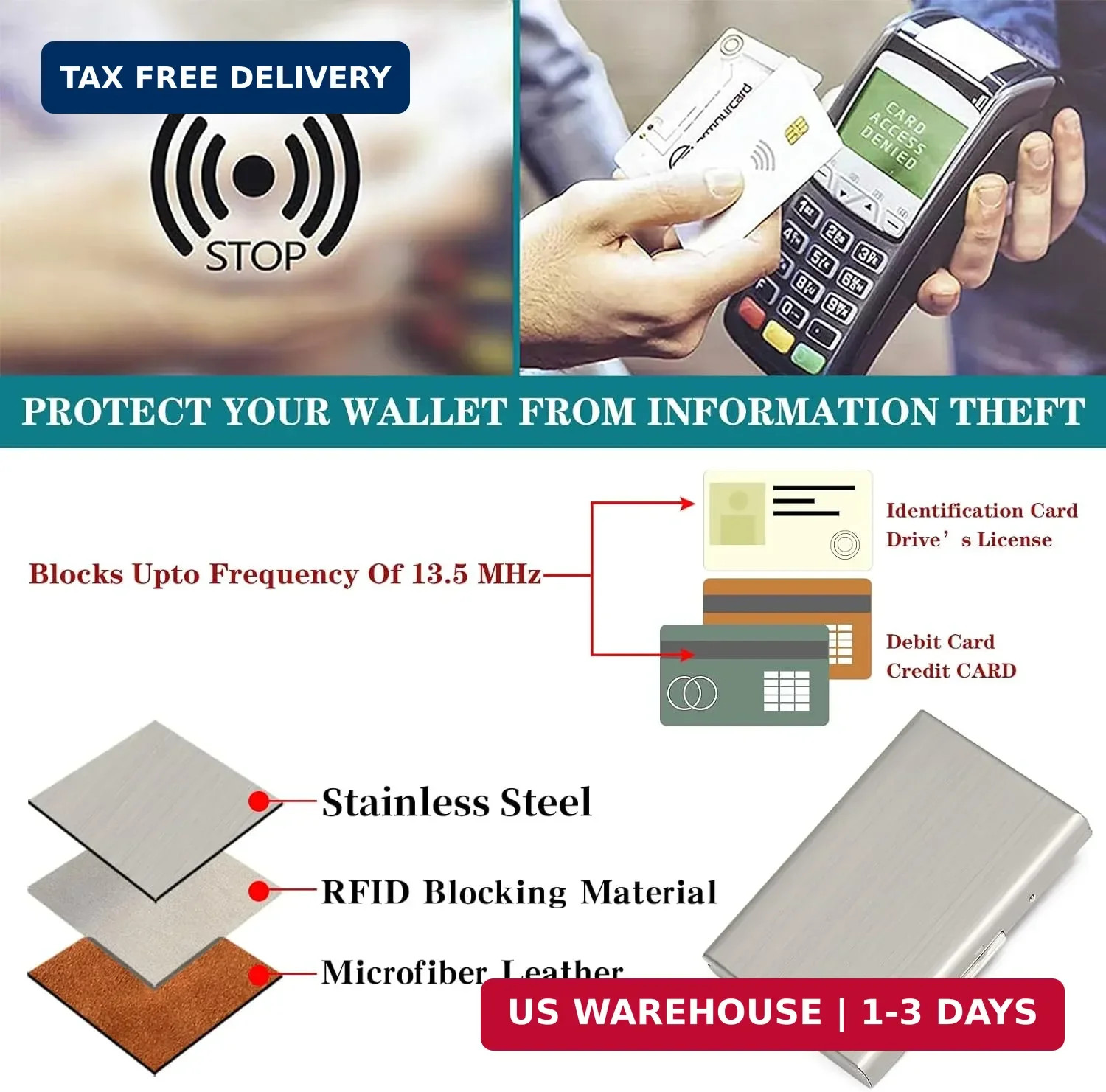 RFID Blocking Stainless Steel Credit Card Wallet Metal Card Holder Case