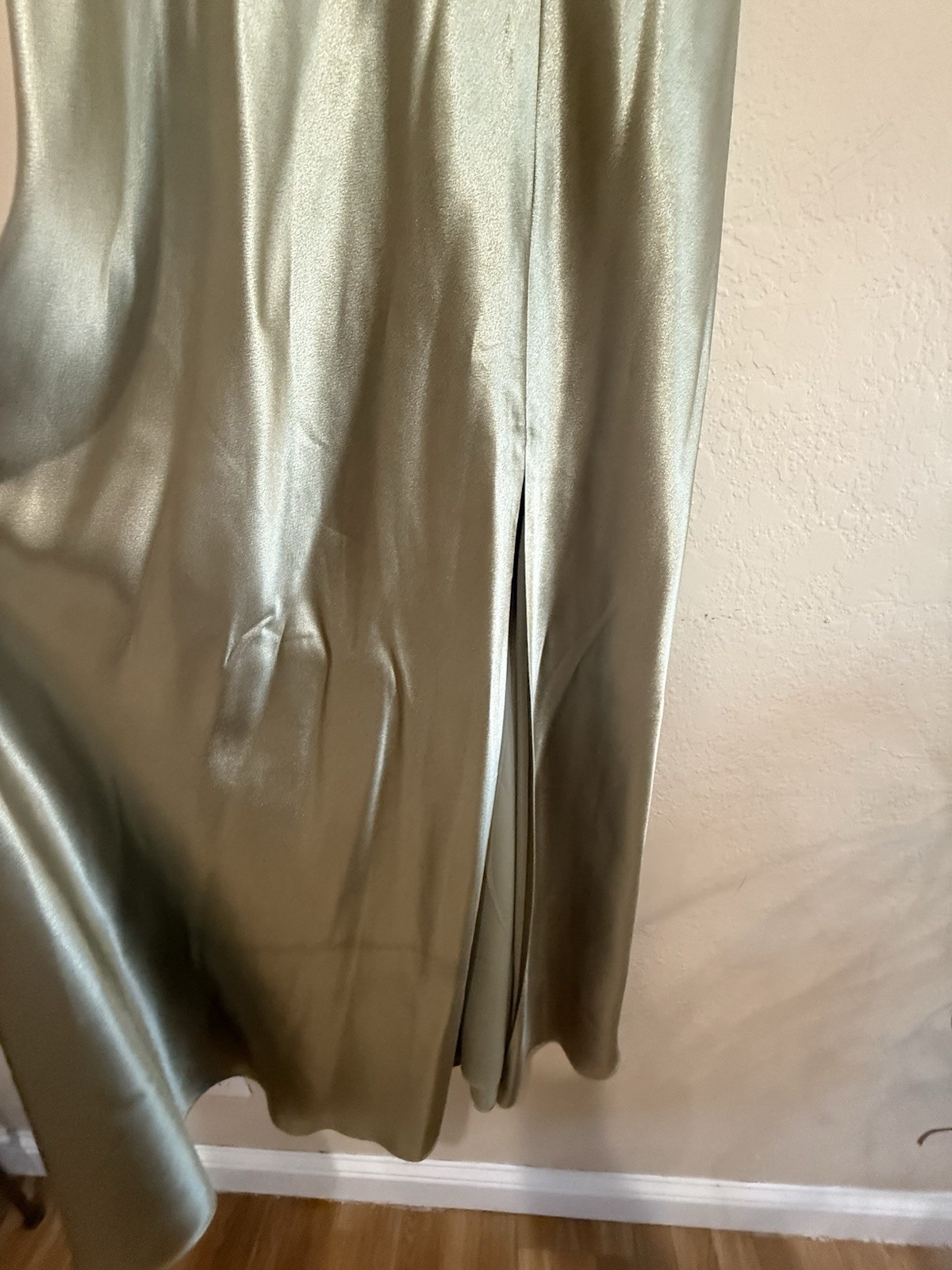 Birdy Grey Green Satin Maxi Slip Dress V-Neck Adjustable Spaghetti Straps XS