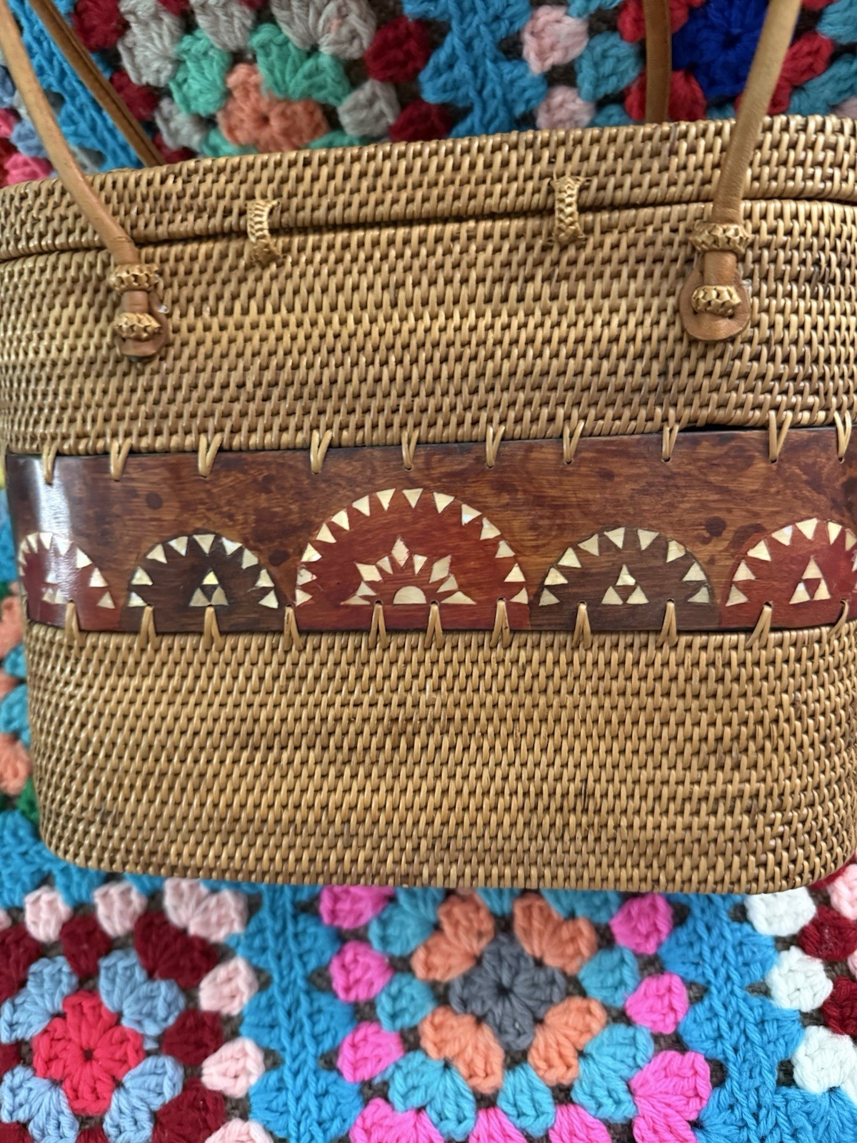 Dewi Tan Bag Medium Double Handles handcrafted woven rattan artisan