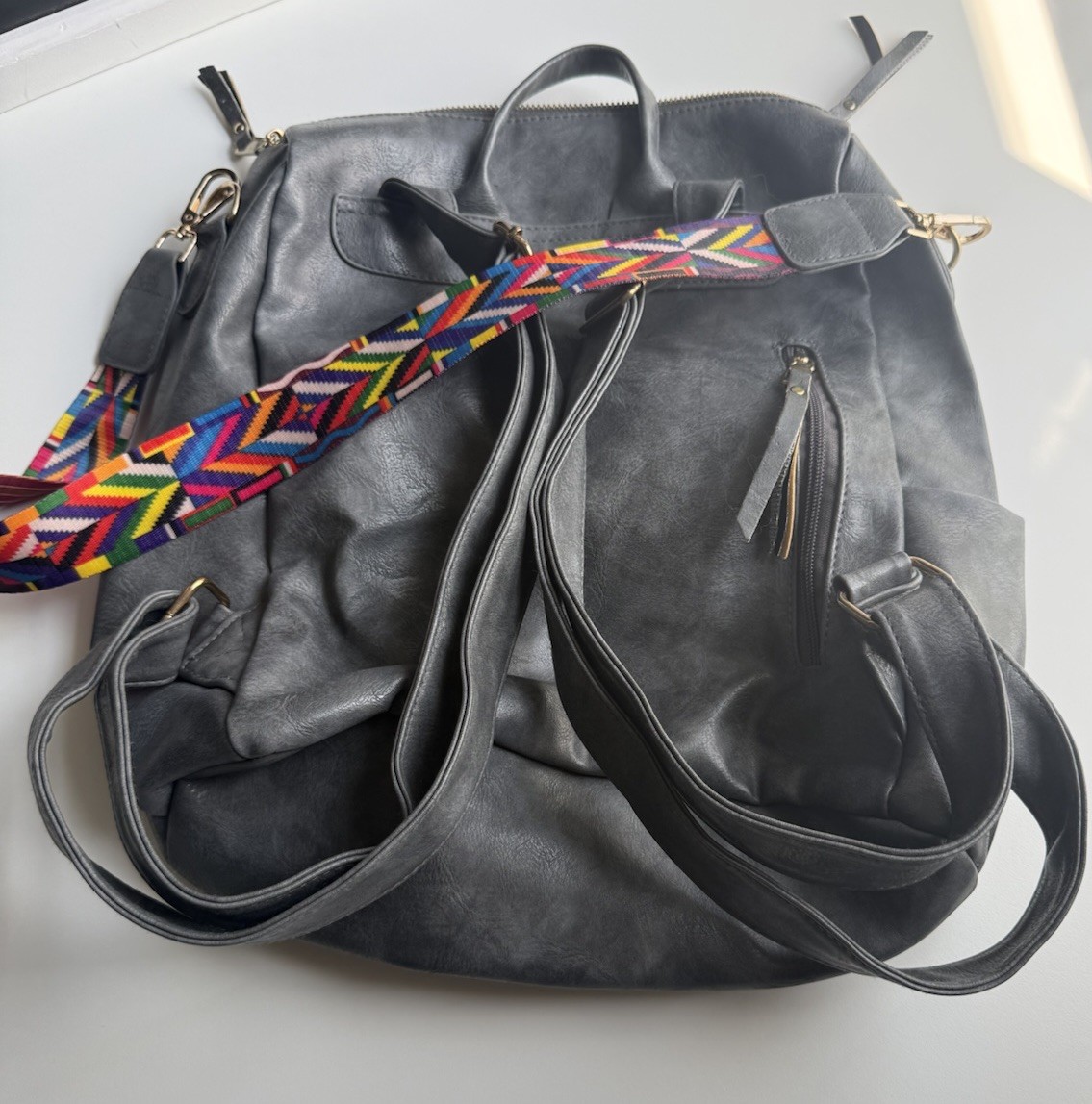 Gray Small Faux Leather Backpack With Reversible Strap