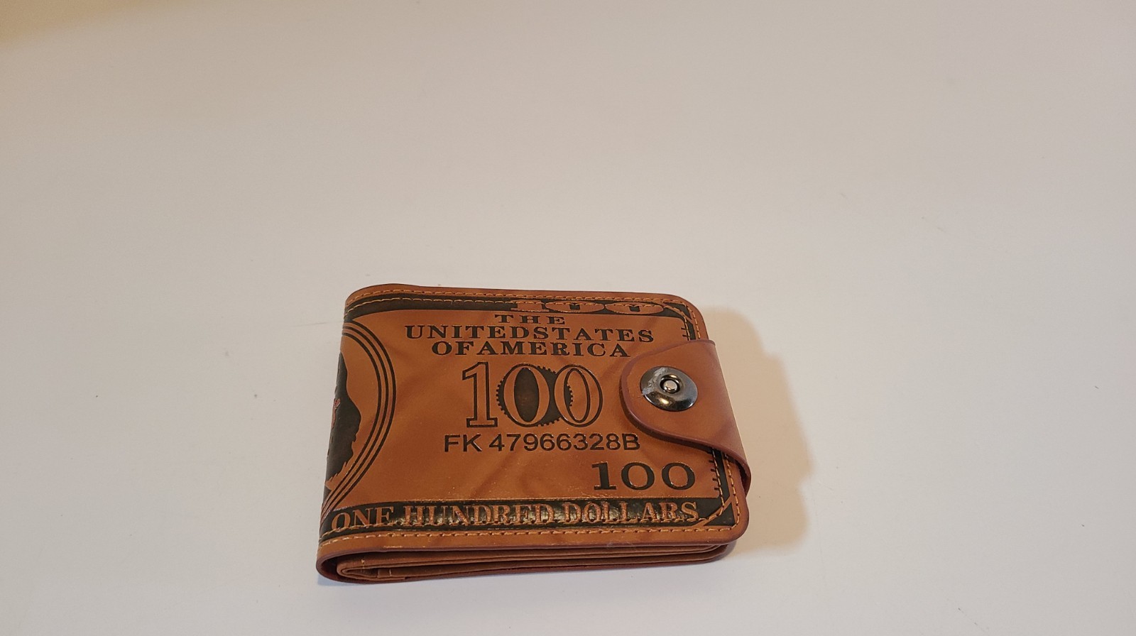 Mens Novelty $100 Bill Wallet Tan Faux Leather Bi Fold Snap Closure