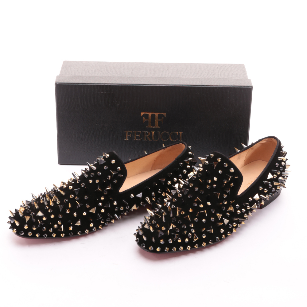 Men FERUCCI Black Velvet Slippers Loafers Flat Gold Spikes Rivet Wedding Prom