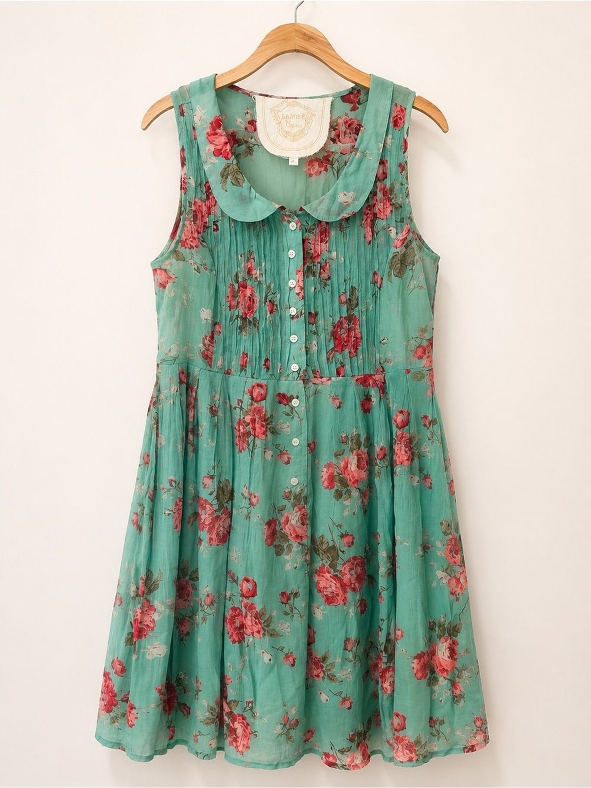 Knitted Dove 100% Cotton Womens Floral Mint Green Peter Pan Collar Dress Size XL