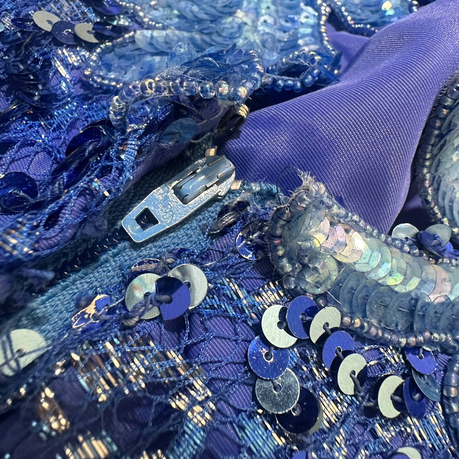 Vtg 70s Embellished Sequined Dress Party Cocktail Blue Full Length Prom Eras 10