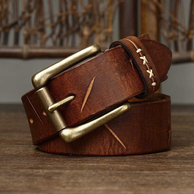 3.8CM Men High Quality Genuine Leather Belt Pin Buckle Cowskin Vintage Strap