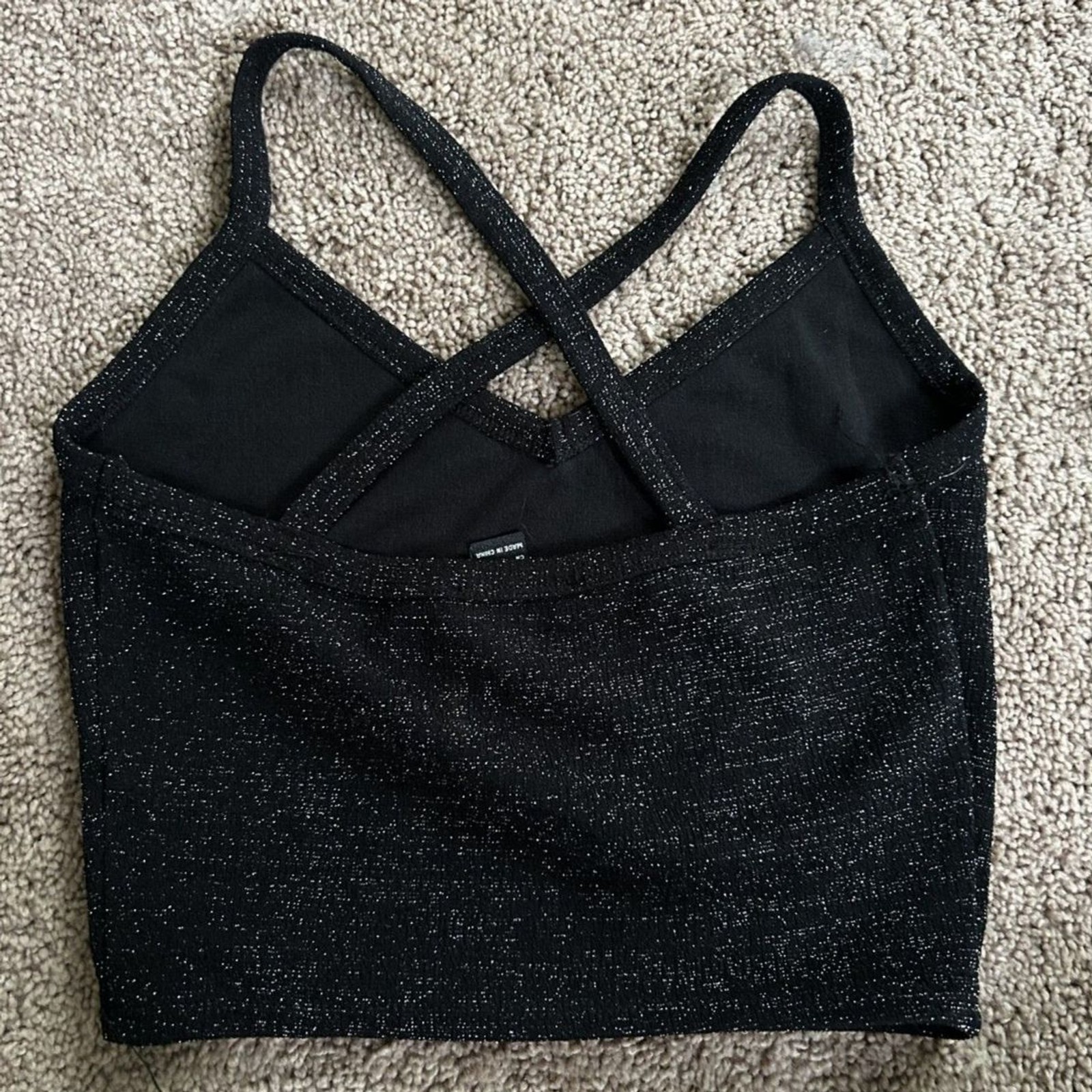 Forever 21 Black Glitter Shimmer Tank Top Cross Back Size Small Sparkle