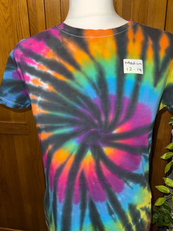 Medium ladies tight fitting stretch rainbow swirl tie dye T-shirt