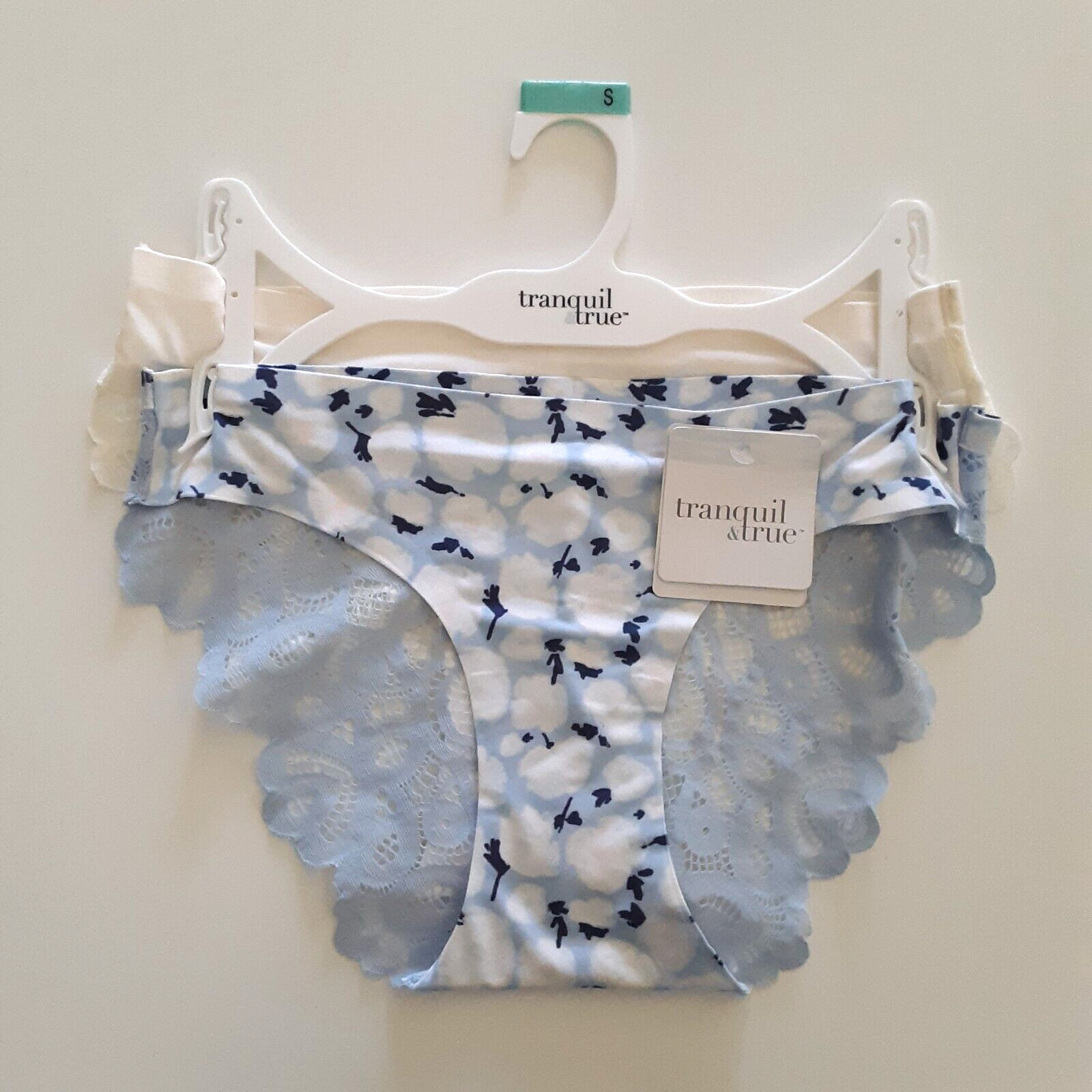 Tranquil & True Womens Size S Bikini Underwear Lace Back Blue Ivory 2 Pack