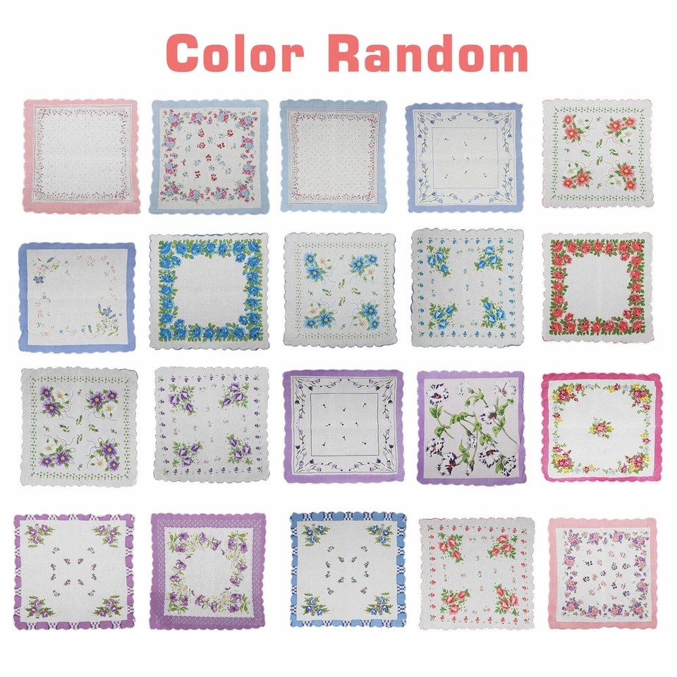 20PCS Women Vintage Floral Flowers Handkerchief 100% Cotton Square Hanky Ladies