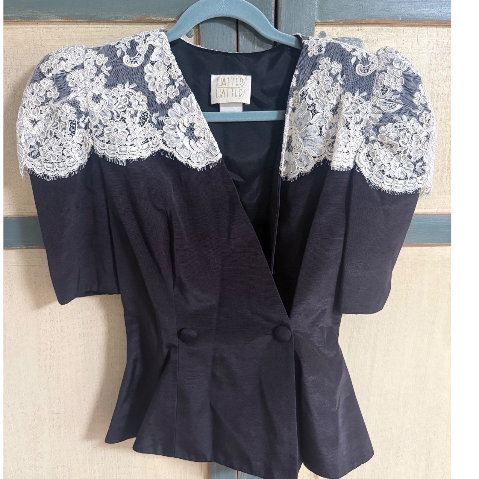 Watters Vintage Black Lace Overlay Evening Jacket Bow Peplum Size 6 Victorian