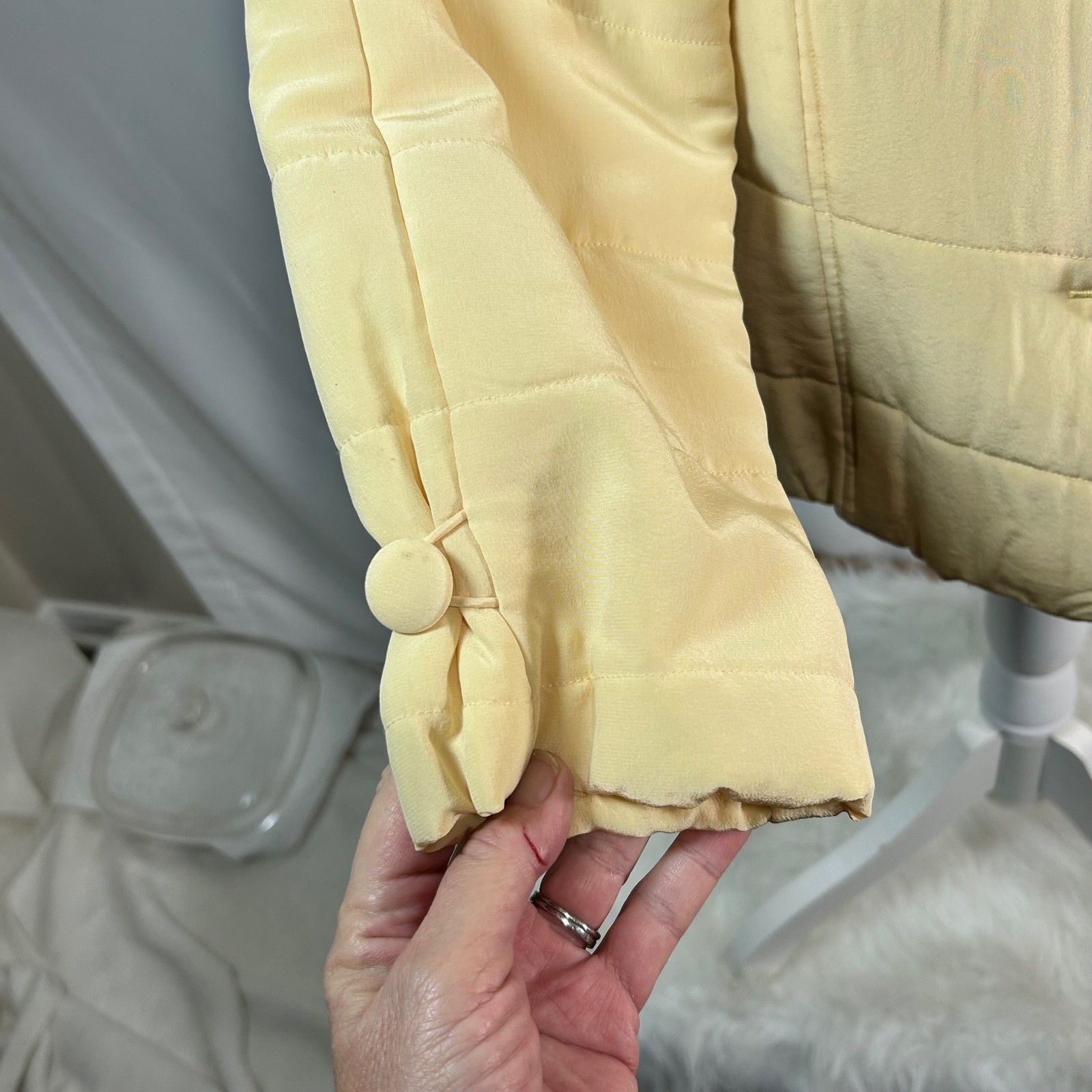 Puff Quilted Jacket Soft Pastel Yellow Button Front Collarless Womens