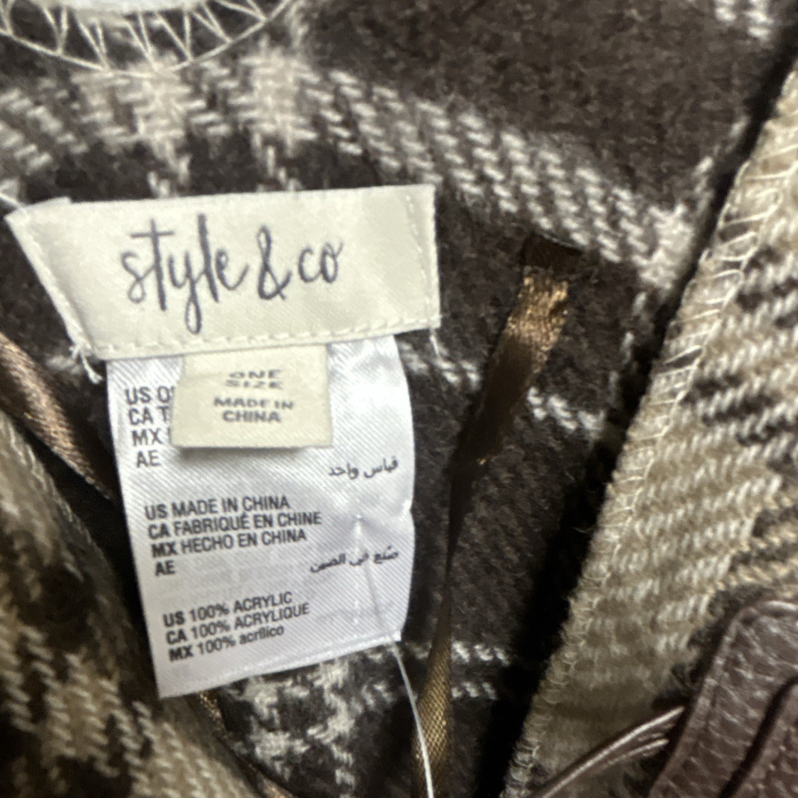 Style & Co Plaid Acrylic Knit Button Shawl Wrap One Size Beige Brown Black