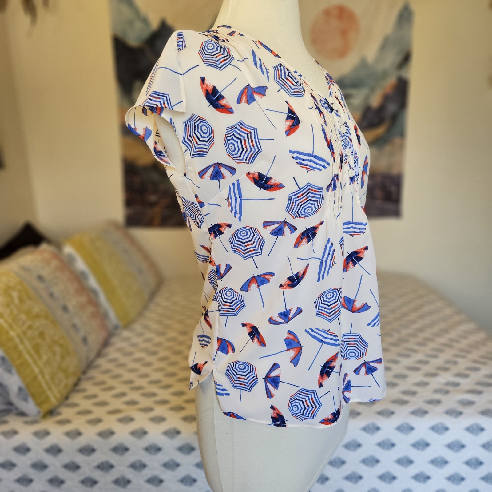 Talbots Petite PS Umbrella Print Blouse Cap Sleeve Nautical Beach Top Small
