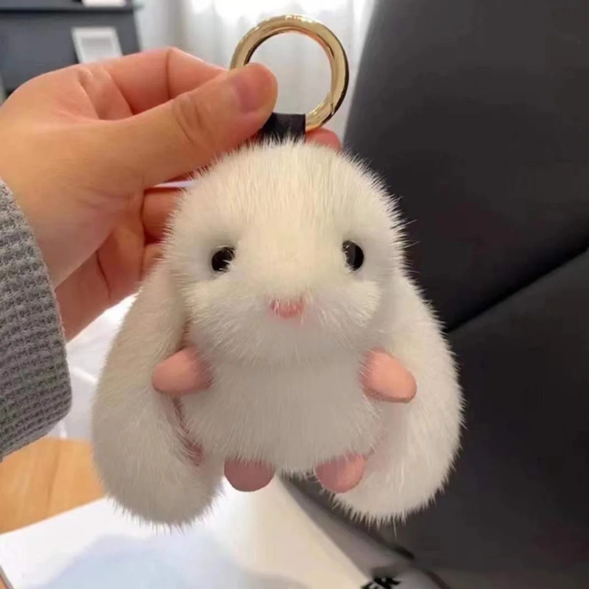1Pc Cute Fluffy Rabbit Keychain Ring Plush Pompon Bunny Bag Pendant for Couple C