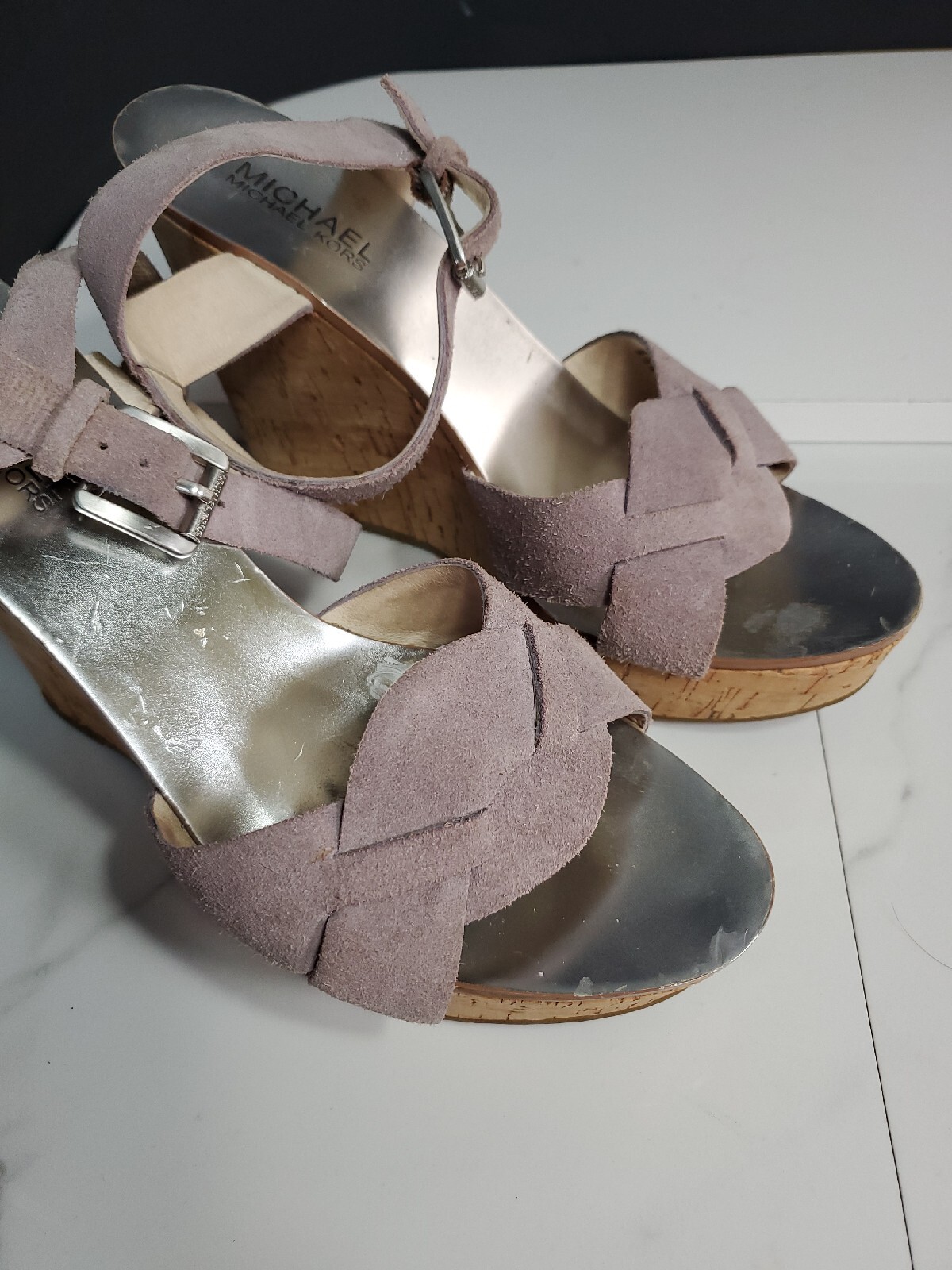 Michael Kors Strappy Leather Peony Pink 4.8″Heels Wedge Corks Bottom Sandal 8M