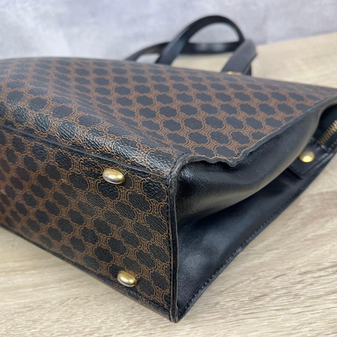 CELINE Macadam Pattern Leather Tote Handbag Dark Brown Gold Hardware Women