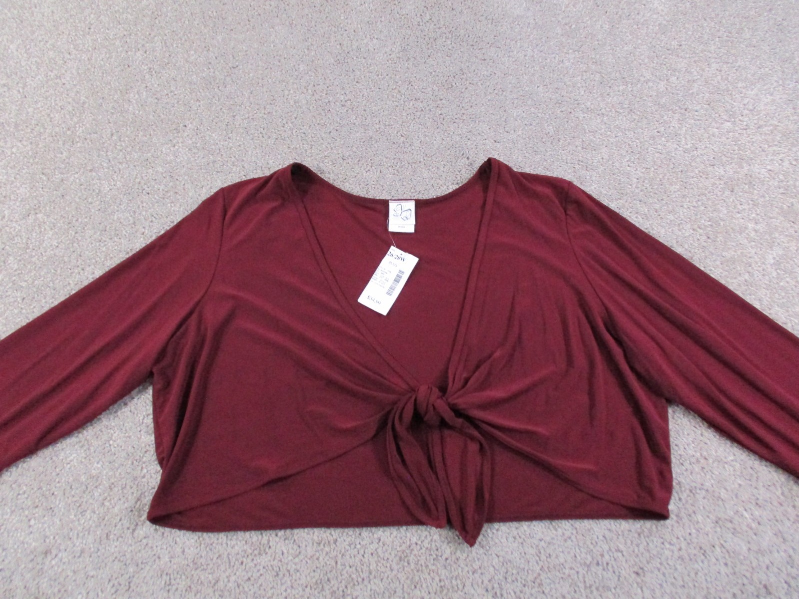 Hot Kiss 26/28W Womens Long Sleeve Shirt Cropped Polyester Spandex Red Wine NWOT