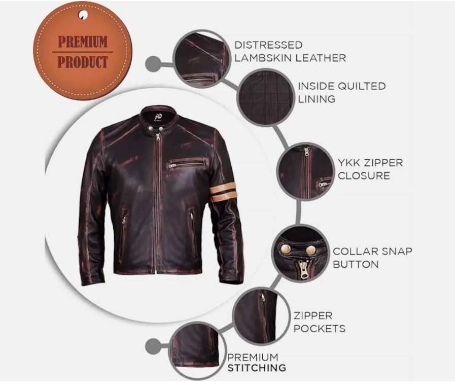 Men’s Leather Jacket Motorcycle Distressed Café Racer Black Genuine Lambskin