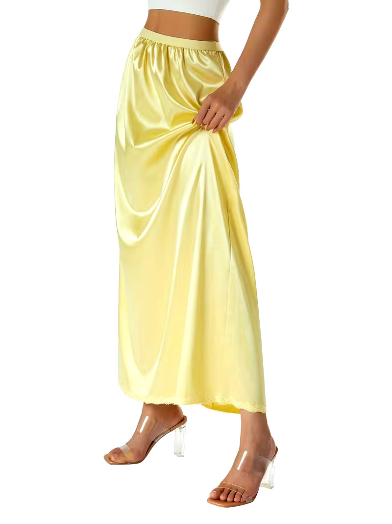 New Gorgeous Feminine Yellow Satin Lace Hem Long Half Slip Plus 2X NEW