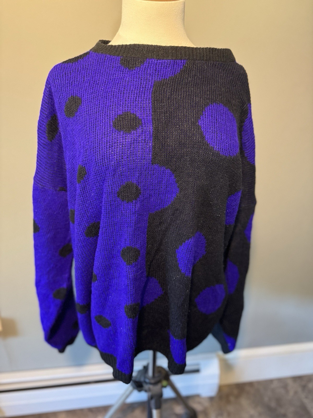 vintage 80s 90s World Trade Knits Black/Purple Abstract Sweater Chunky Knit SZ M