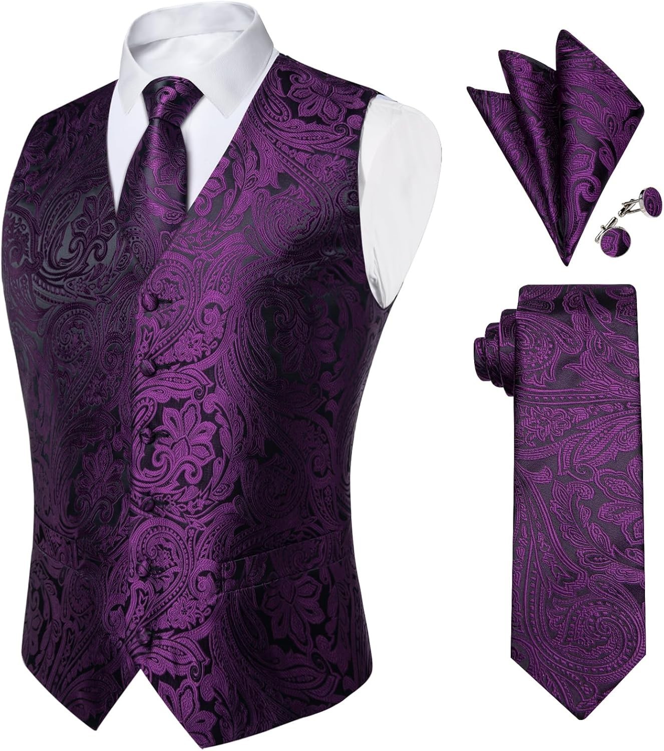 Mens Paisley Silk Vest Tie Pocket Square Cufflinks Set for Wedding Party Formal