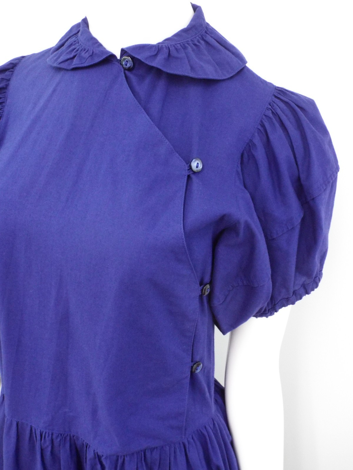 VTG 1980s KENZO Blue Puff Sleeve Dress Small Cotton Asymmetrical Button Wrap Top