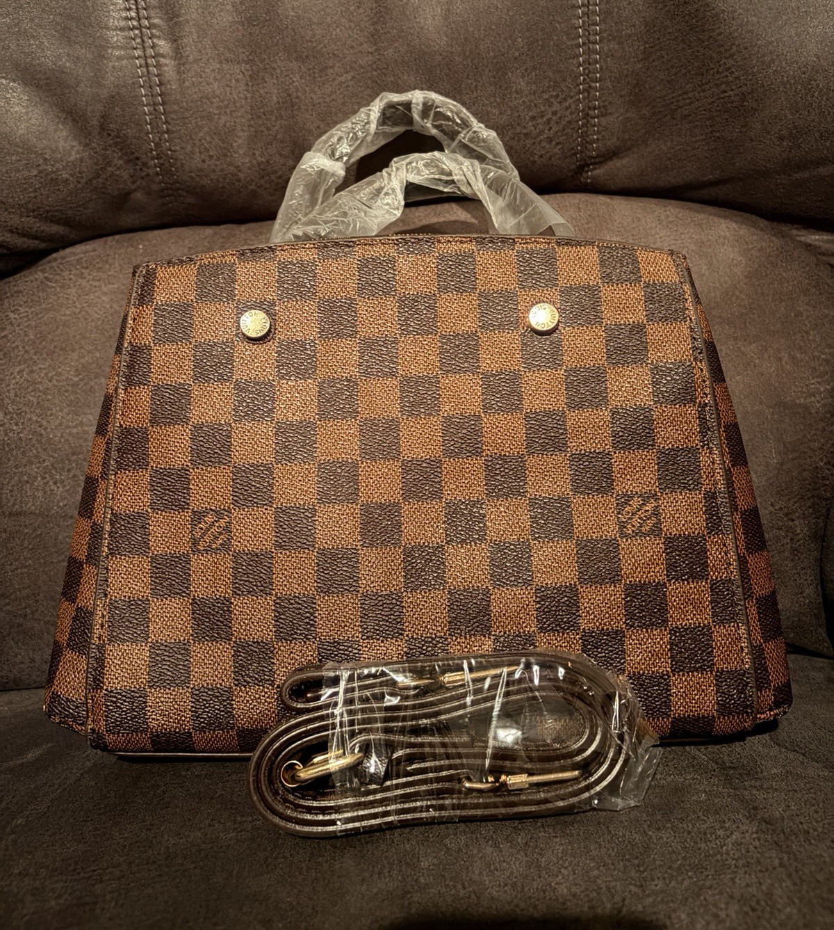 Louis Vuitton Brown Checked Handle Bag, Detachable Adjustable Strap, Zip, Gold