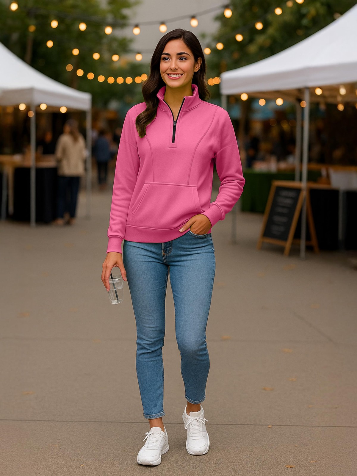 Womens Fleece Lined Pullover Hoodie Quarter Zip Up Arryn Oversize Sweatshirt
