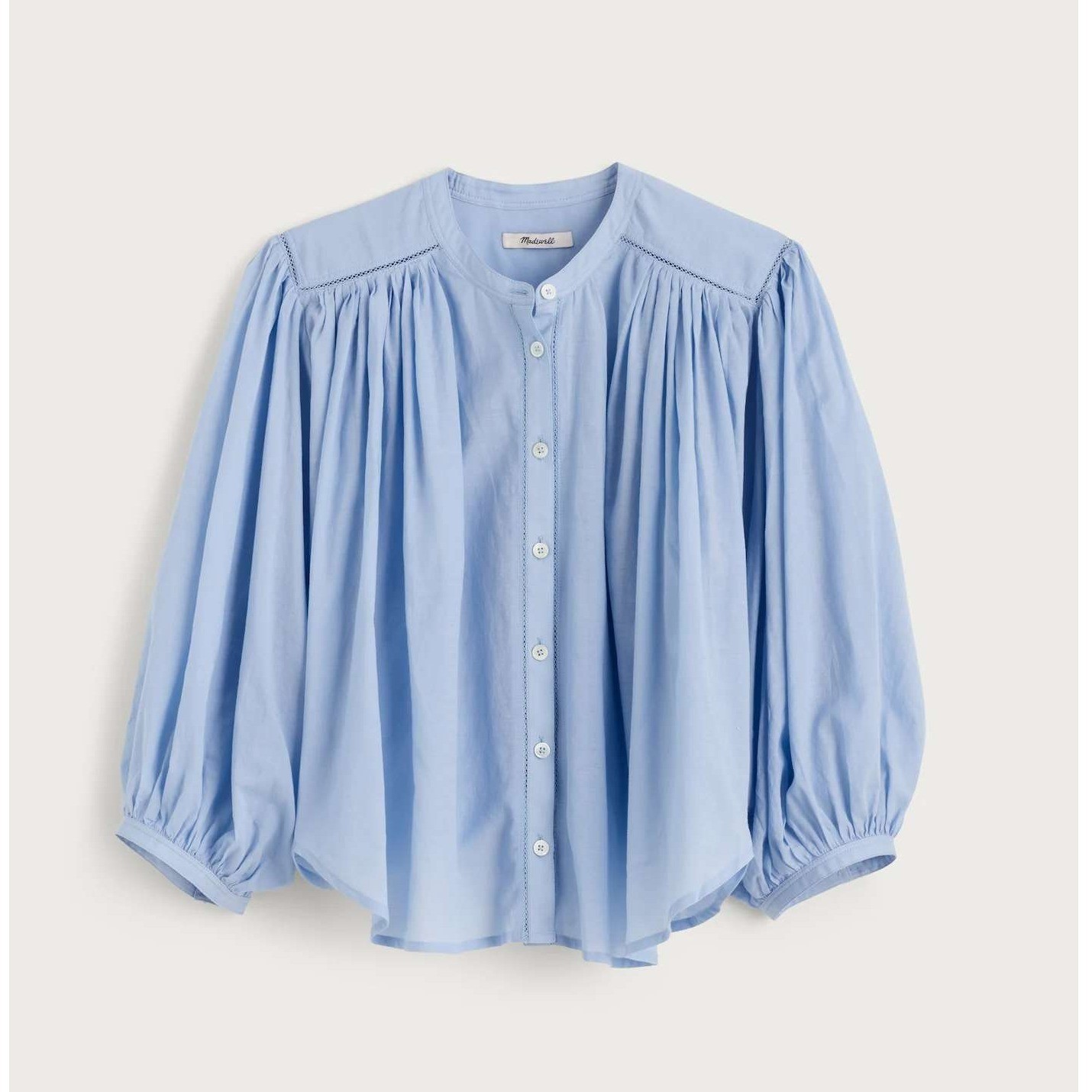 NWT Madewell Shirred Crewneck Button-Up Top Tranquil Blue Extra Small