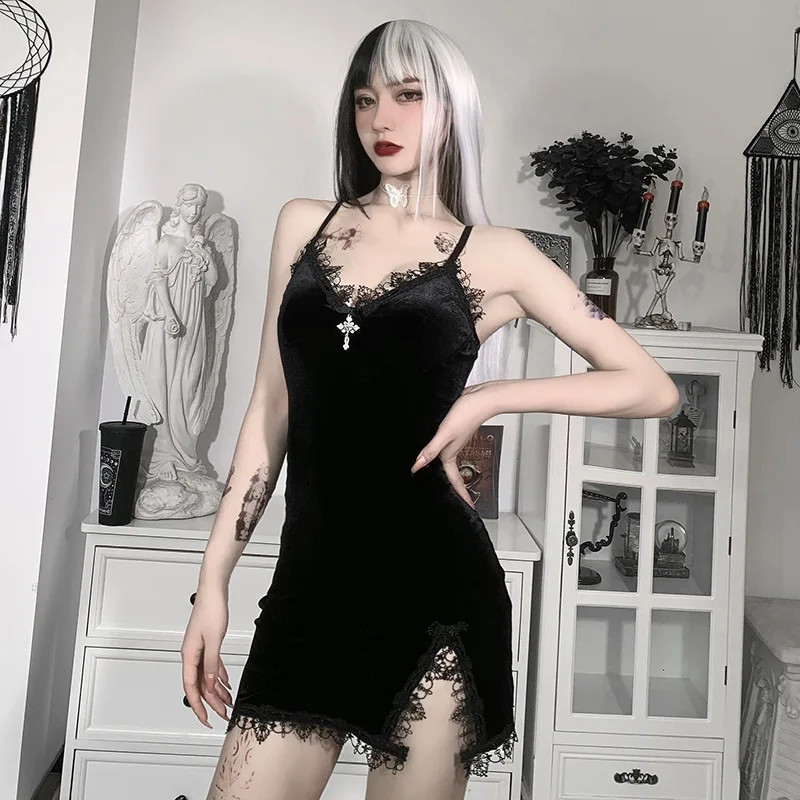 Black Mini Dress Vintage Sexy Spaghetti Strap Slit Dresses Goth Party Club Women