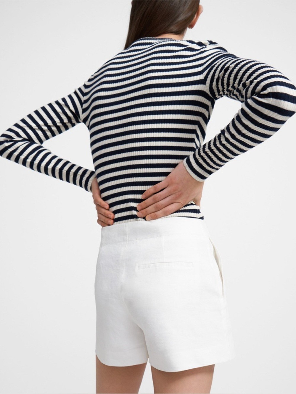 Theory Tiny Striped Ribbed Knit Long Sleeve Tee Black White Women’s Large