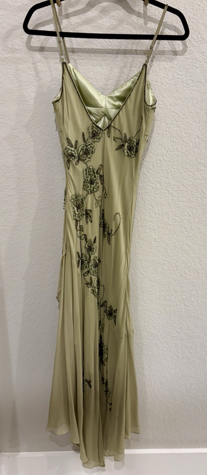 Lillie Rubin 100% Silk Green Beaded Floral Embroidered Dress Size 4 & Scarf