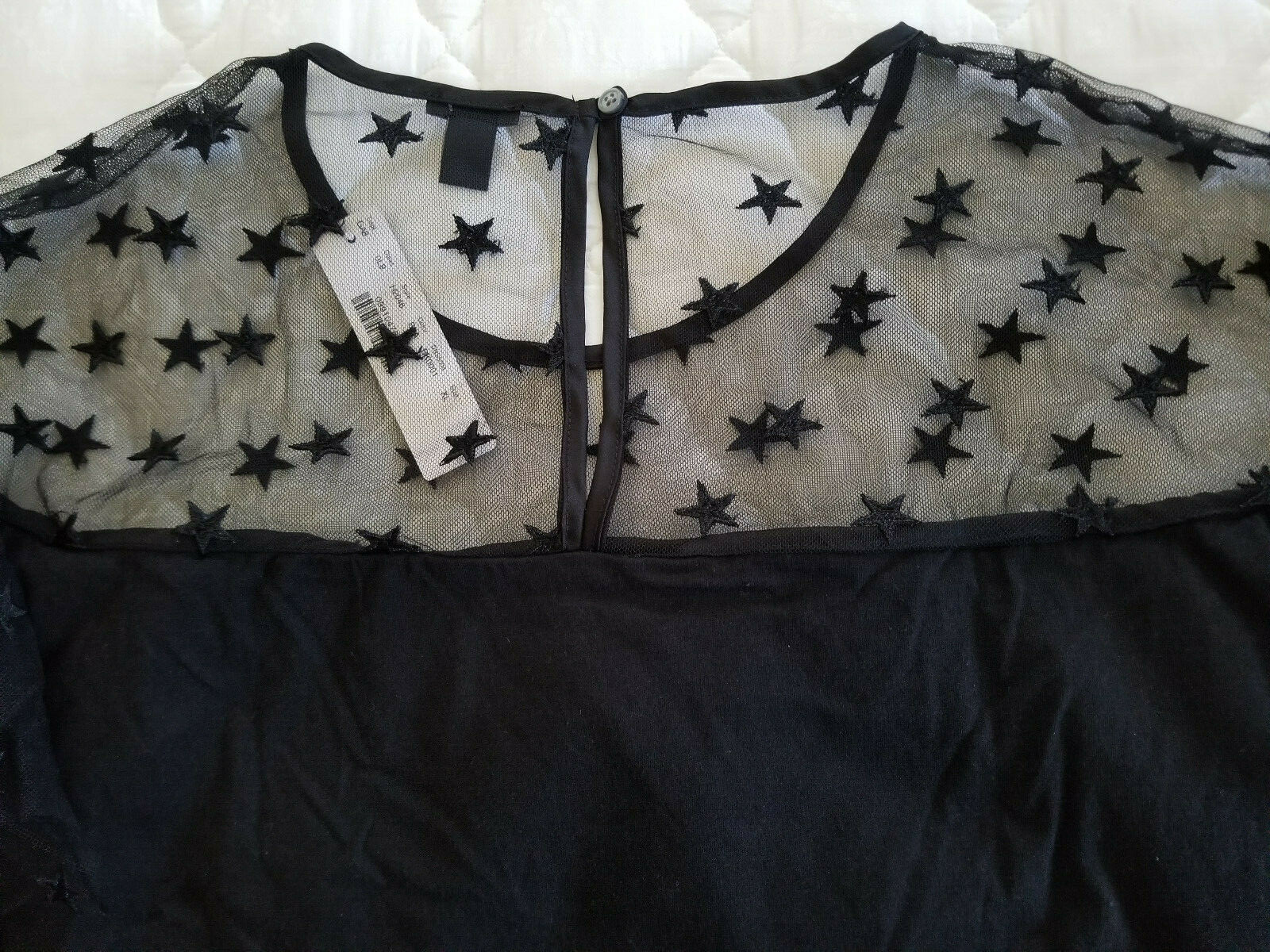 JCREW NWT XL Black Star Embroidered Mesh Ruffle trim dressy top flutter sleeve