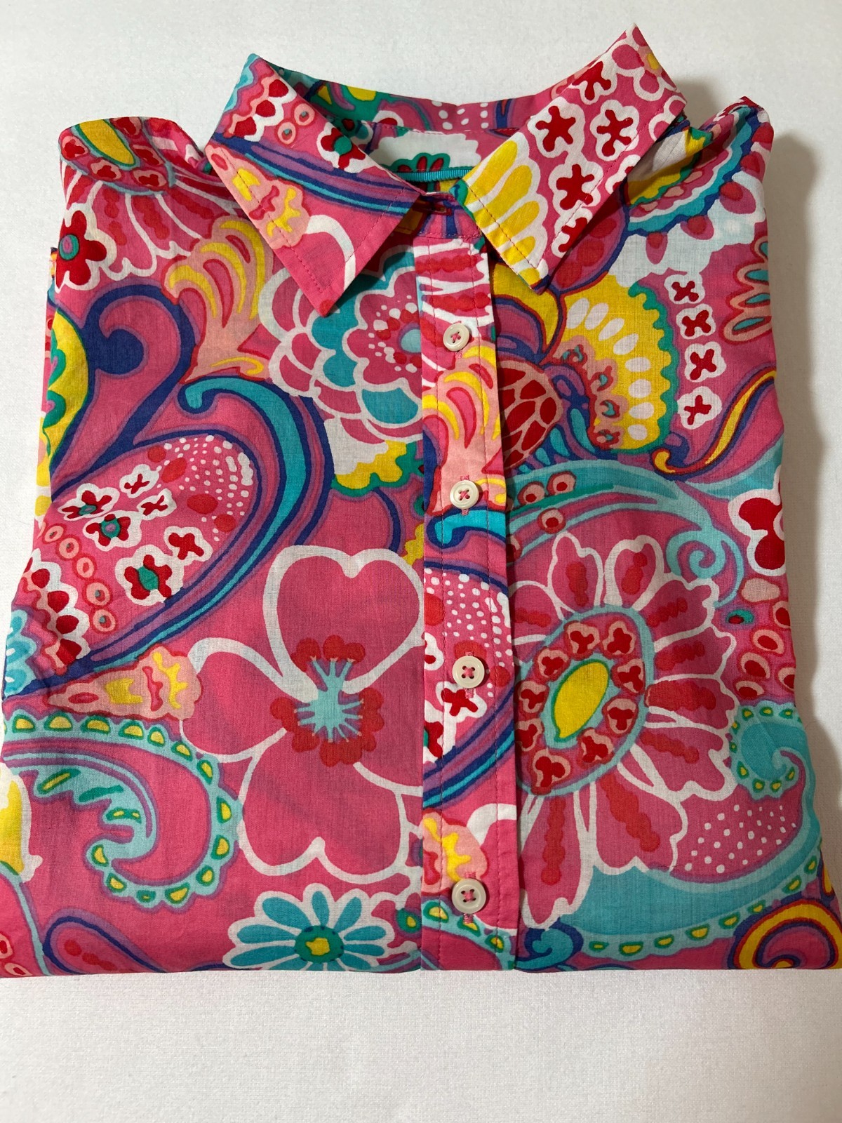 Womens Talbots Long Sleeve Blouse Size Petite Small Pink & Turquoise NEW