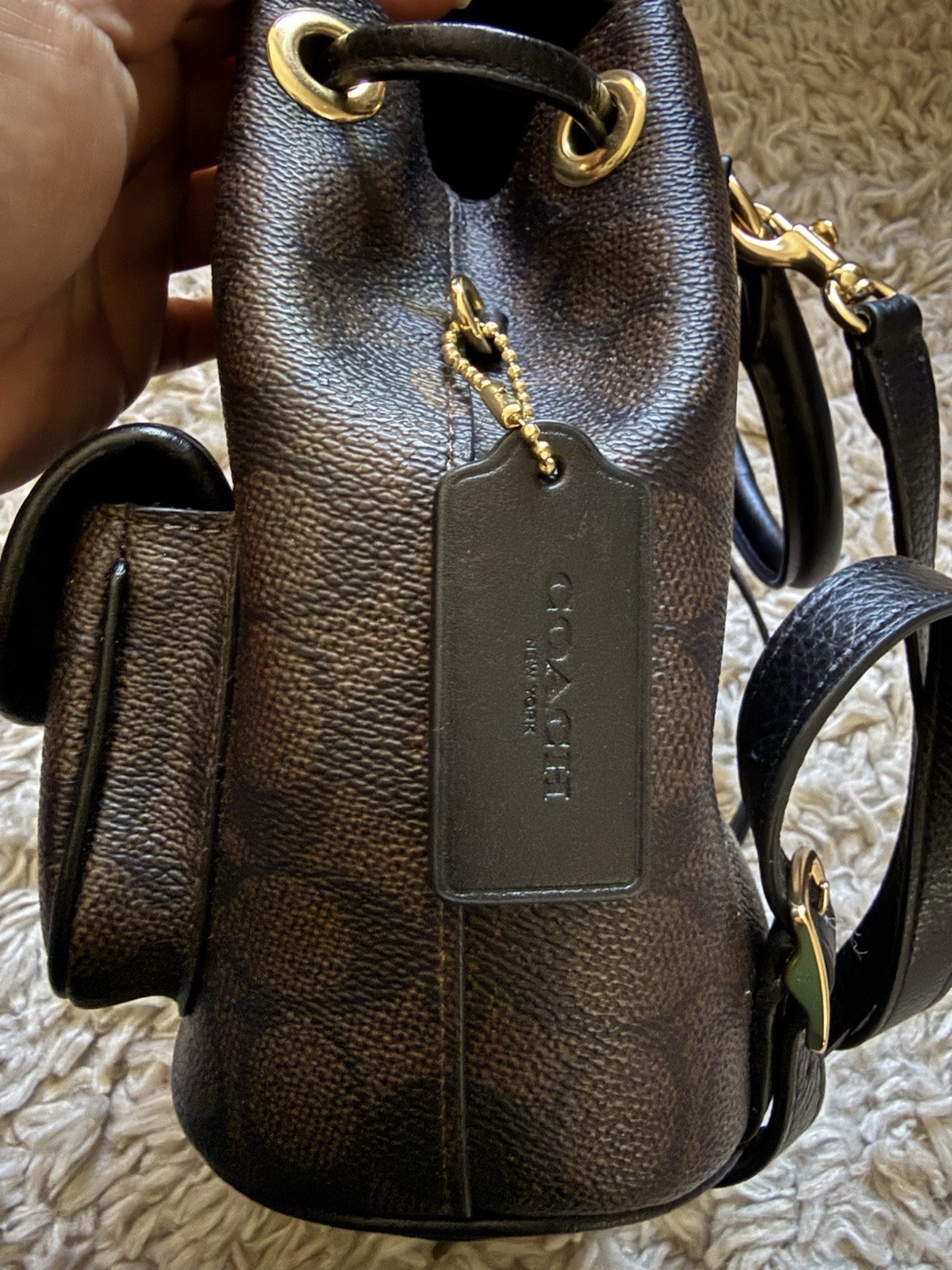 Coach Signature Brown Black Small Backpack Turn Lock Drawstring Gold Hardware