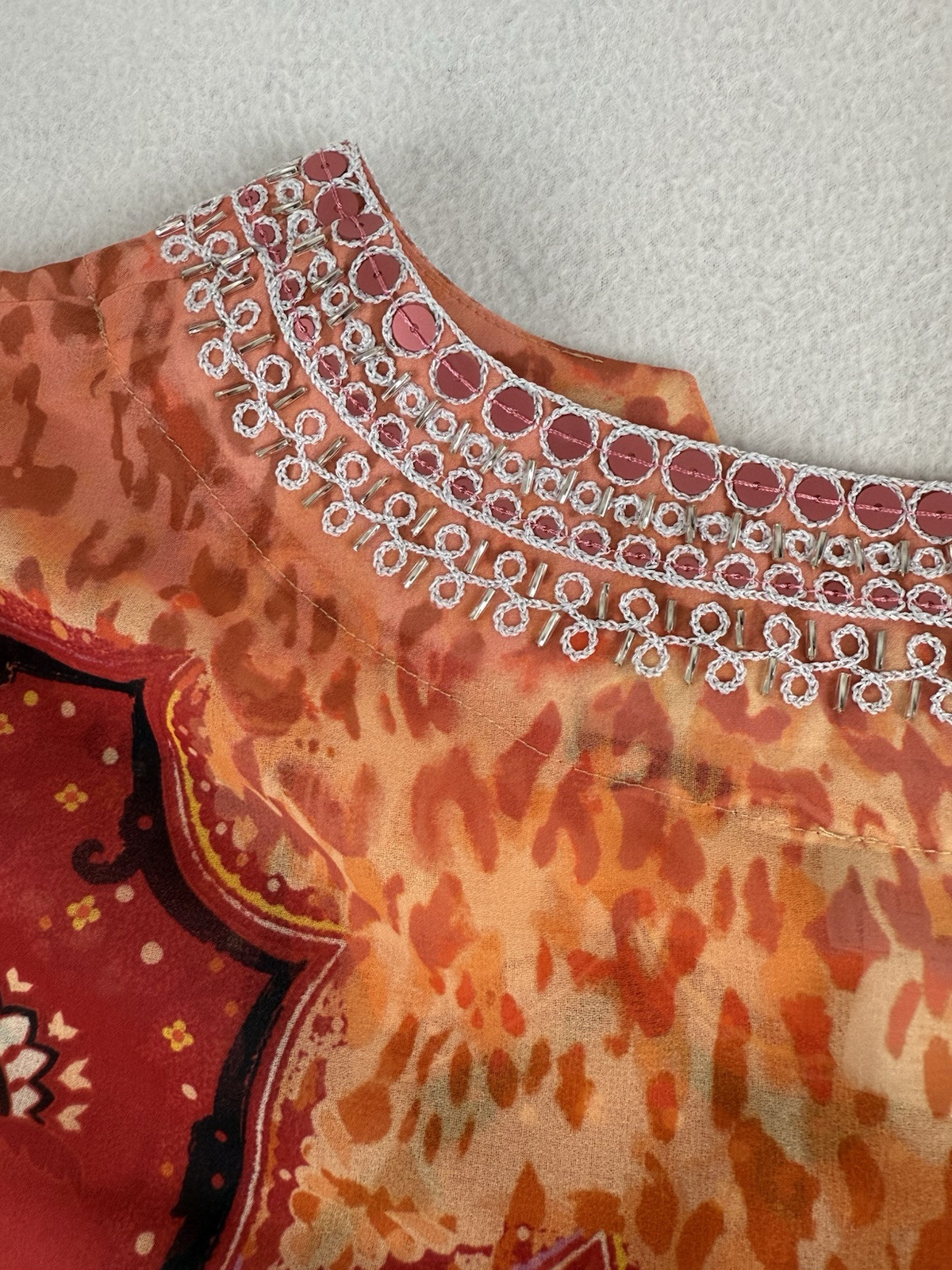 Chico’s Embellished Neckline Tunic Top Womens Sz M Tribal Beaded Sheer Boho NWT