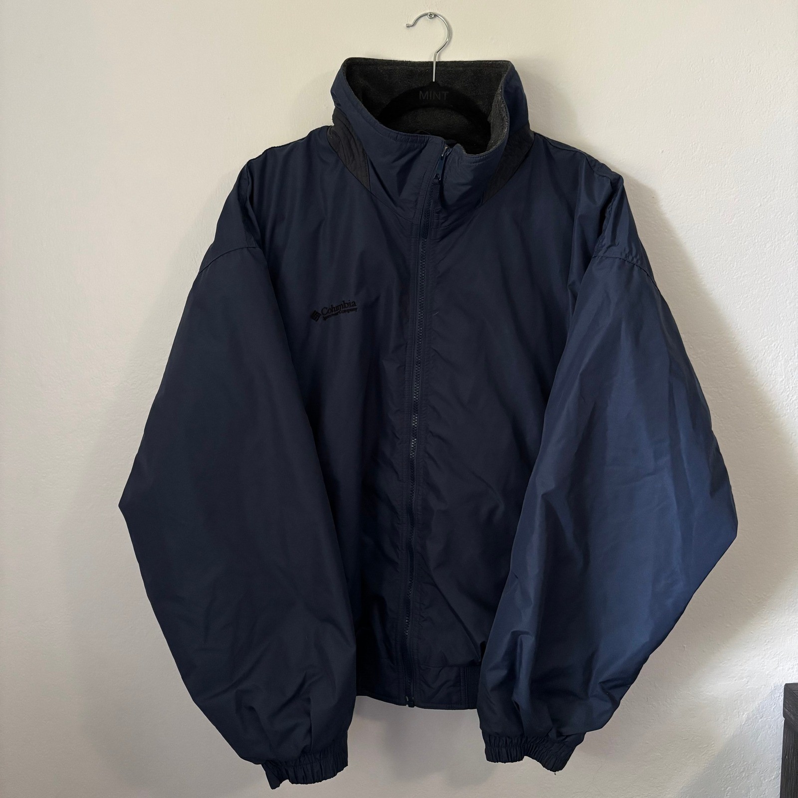 Columbia Mens XL Navy Blue Fleece Lined Bomber Jacket Full Zip Windbreaker