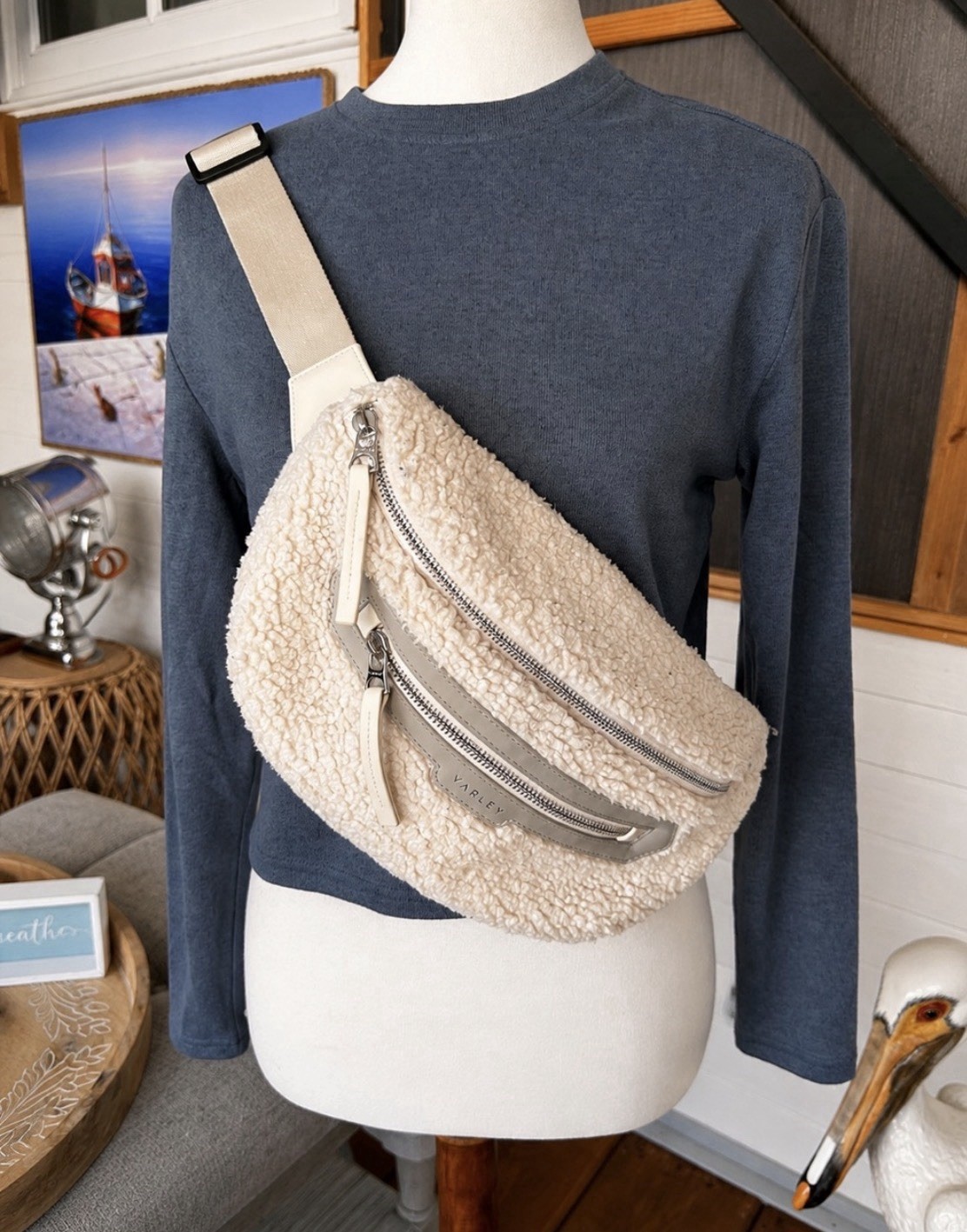 Varley Cream Sherpa Belt Bag Crossbody Fanny Pack Adjustable Strap