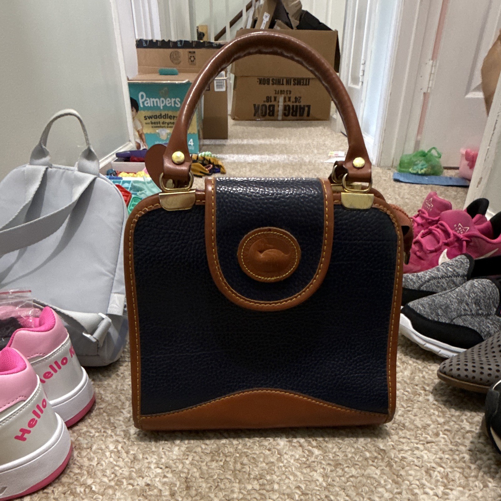 Dooney & Bourke Navy Pebbled Top Handle Satchel, Zip, Gold HW, Pockets
