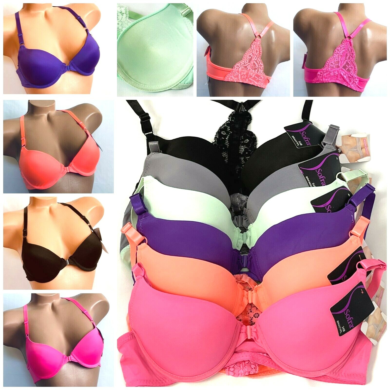 3-6 Bras T-Shirt Racer Back Soft Lace Open Front No padding Underwire 32B-40C