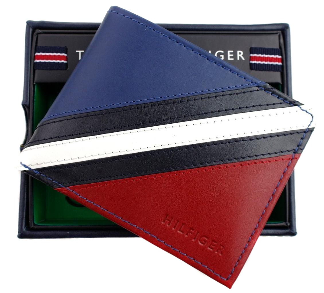 Tommy Hilfiger Men’s Leather Wallet Passcase Billfold Red Navy 31TL22X051