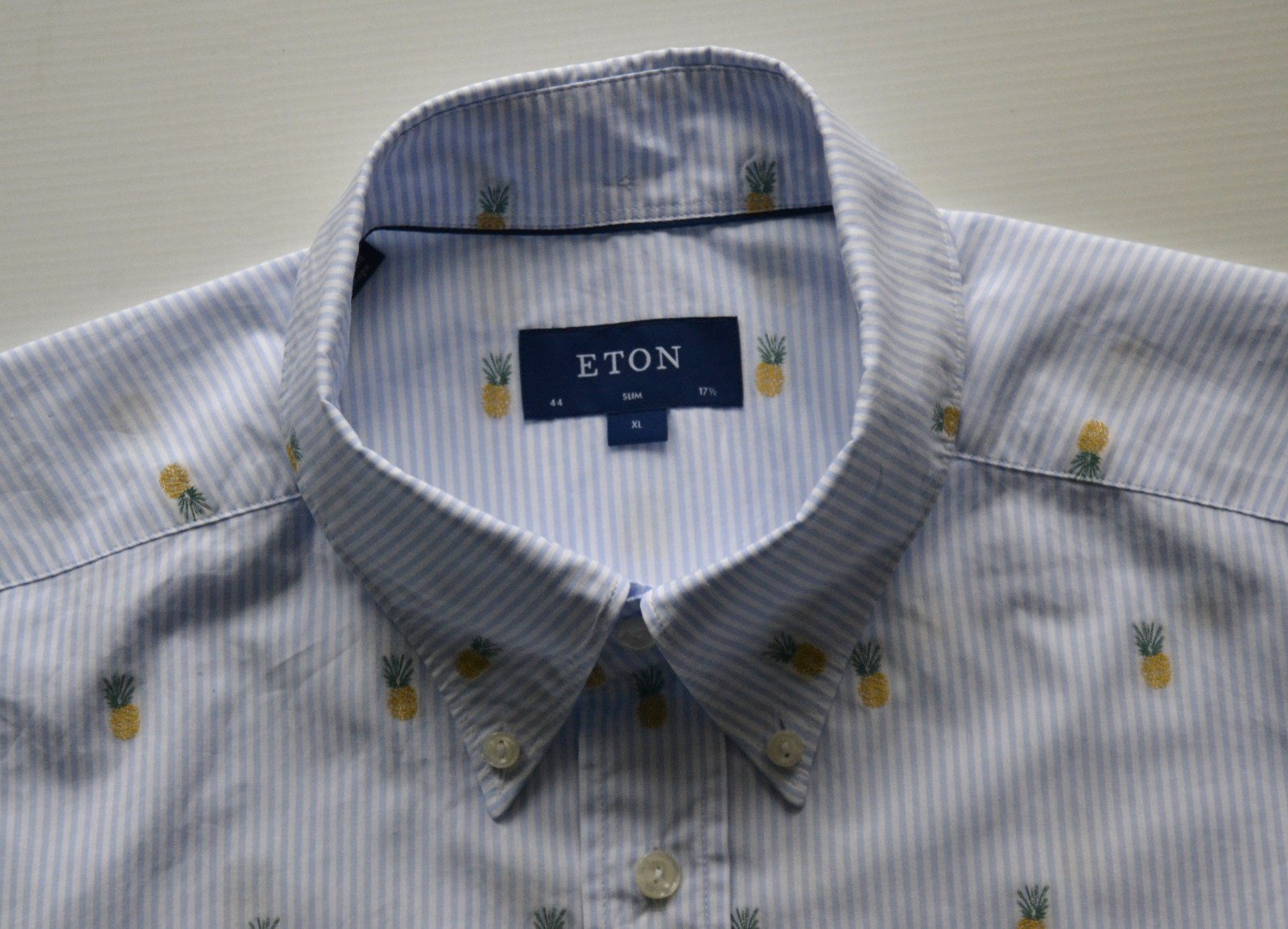NEW ETON SLIM men’s shirt men’s shirt size 44/17.5″ striped/pineapple pattern Blue