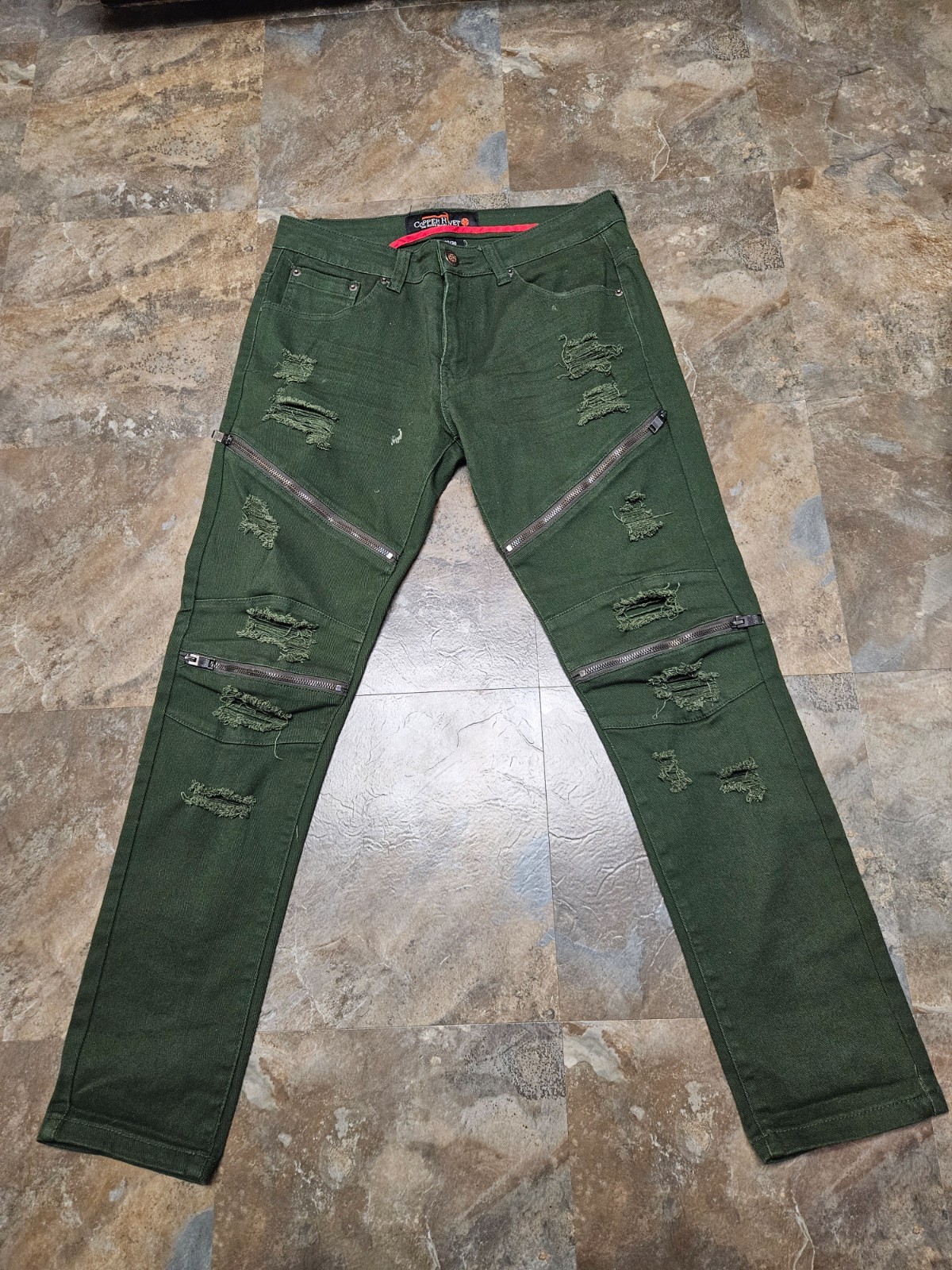 Copper Rivet Jeans/Pants Mens 32×30 Green Distressed With Decorative Zippers