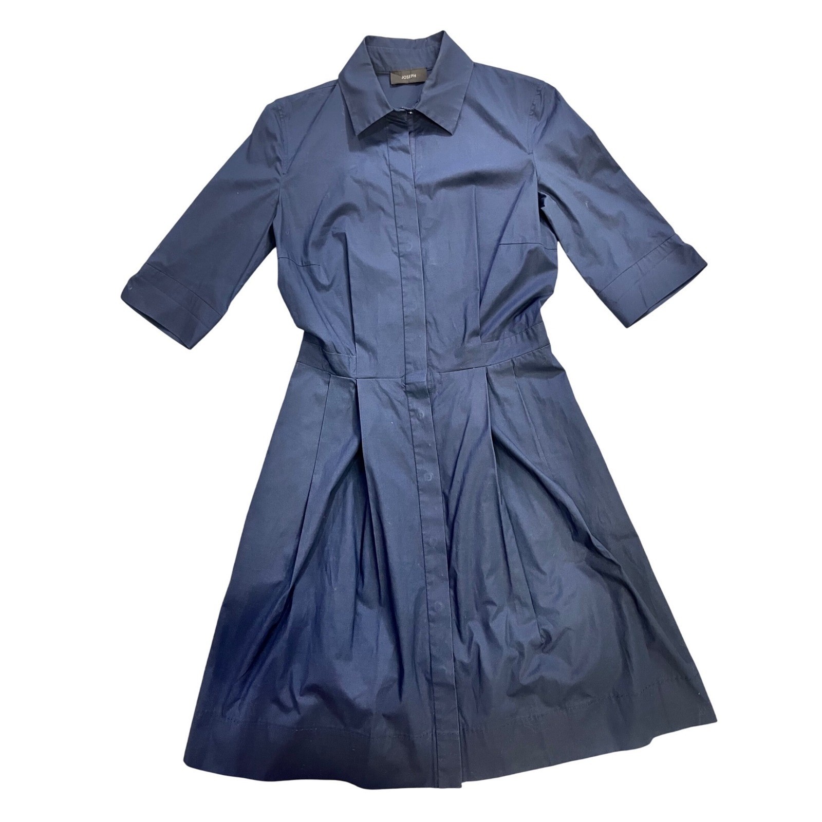 JOSEPH Poplin Midi Shirt Dress Womens 36 Small Navy Preppy Pleated Minimalist