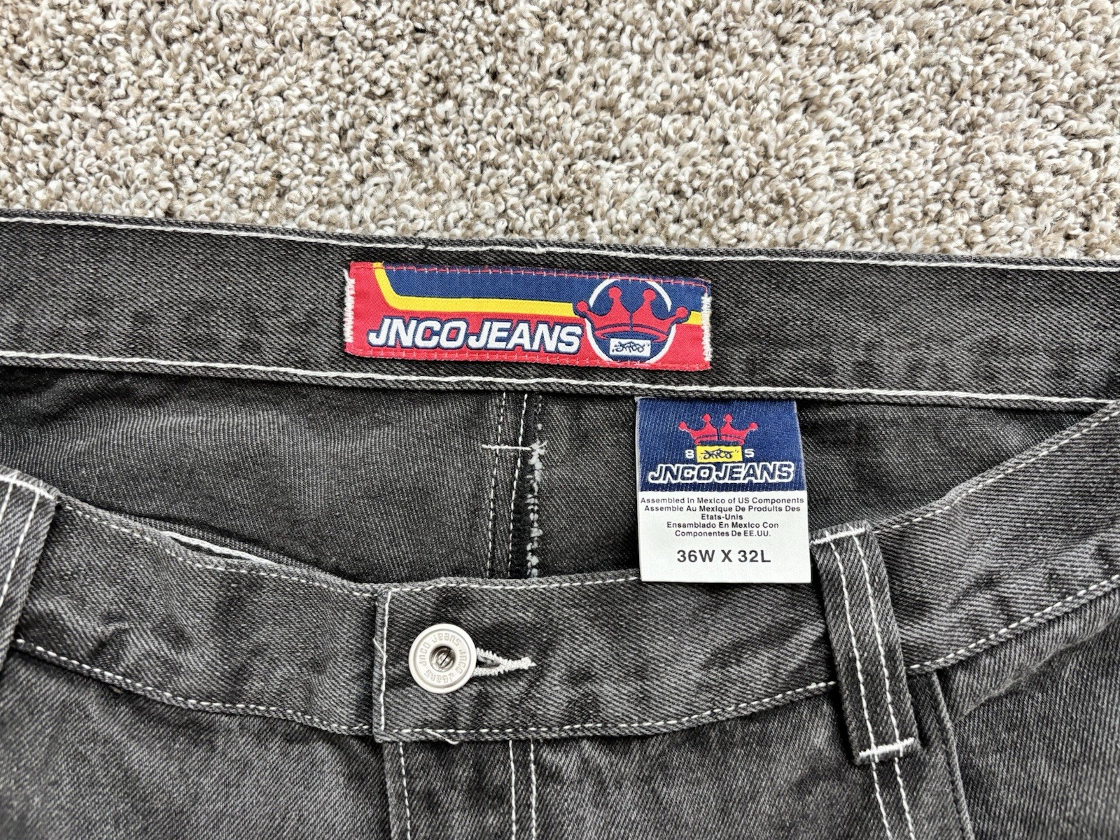 JNCO Men’s Gray Wide-Leg Denim Jeans Relaxed Fit Mid Rise Logo 5-Pocket